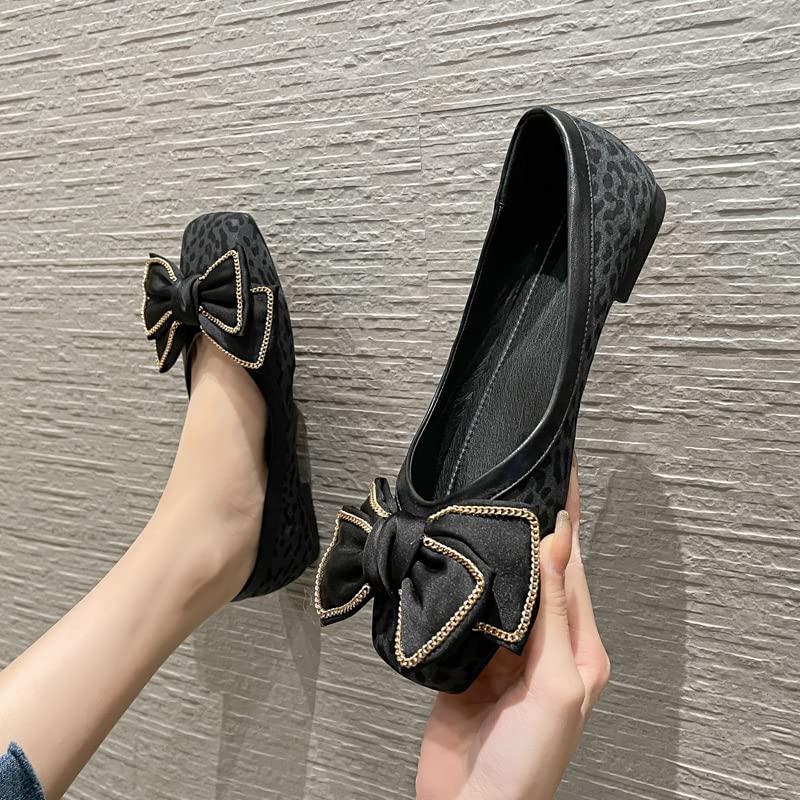 Women's Bow Flat Shoes for Dressy, Closed Square Toe Low Heel Ballet Flats, Comfortable Slip On Walking Shoes Dark Blue2
