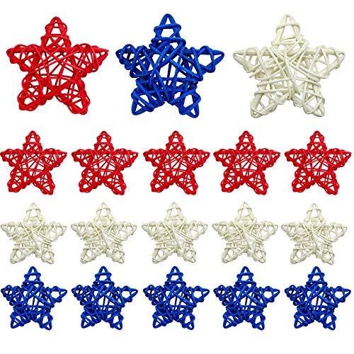 EBaokuup 18PCS 4th of July Natural Rattan Stars, 1.96 Inch Red White and Blue Wicker Rattan Stars for Independence Day Home Decor DIY Craft Vase Bowl Filler Table Decoration