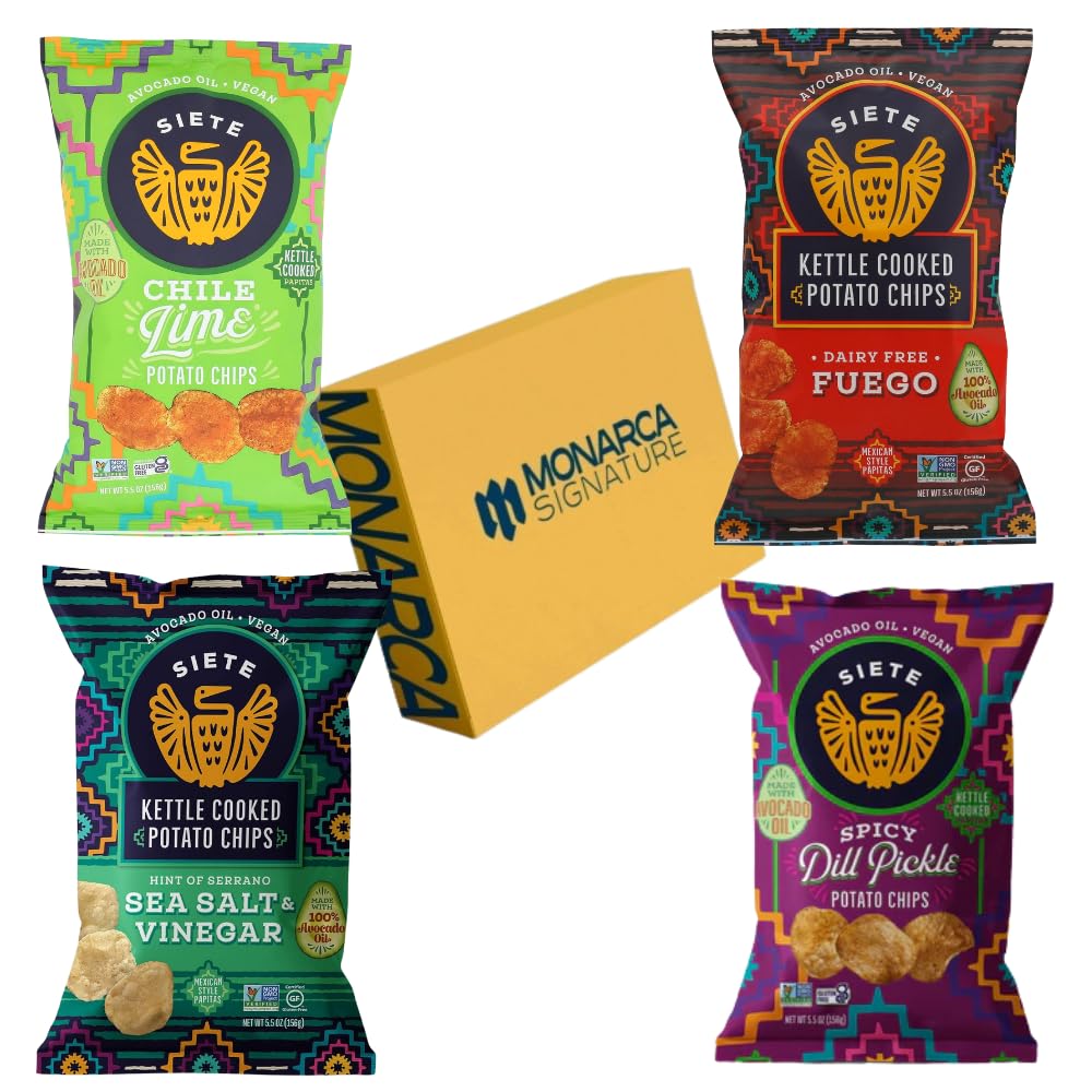 Siete Potato Chips Variety Pack, Kettle Cooked, 4 Pack, Fuego, Sea Salt & Vinegar, Chile Lime, Spicy Dill Pickle