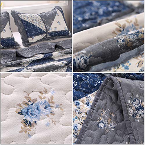 Housse de lit avec 2 taies d'oreiller patchwork gris floral grand lit