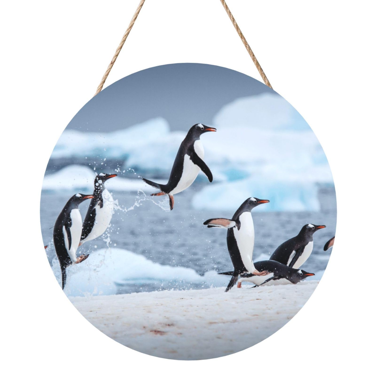 Penguin, Round Wood Panel Painting 12 in, Wall Hanging Painting For Home