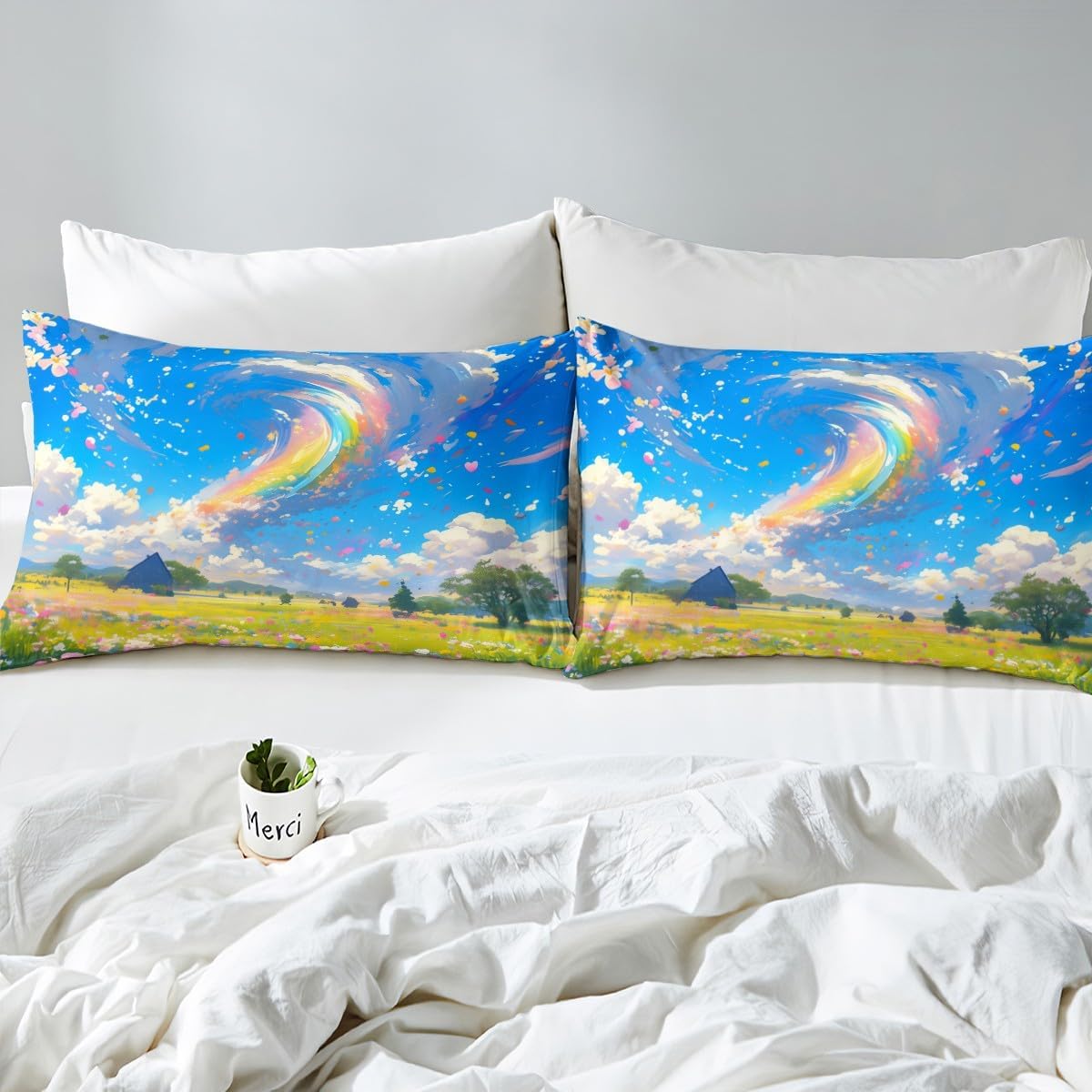 Erosebridal Floral Tornado Fitted Sheet Queen,Spring Tornados Bed Sheets for Girls Kids Boys,Rainbow Tornadoes Room Decor for Storm Chaser,3Pcs(1 Fitted Sheet,2 Pillowcases)