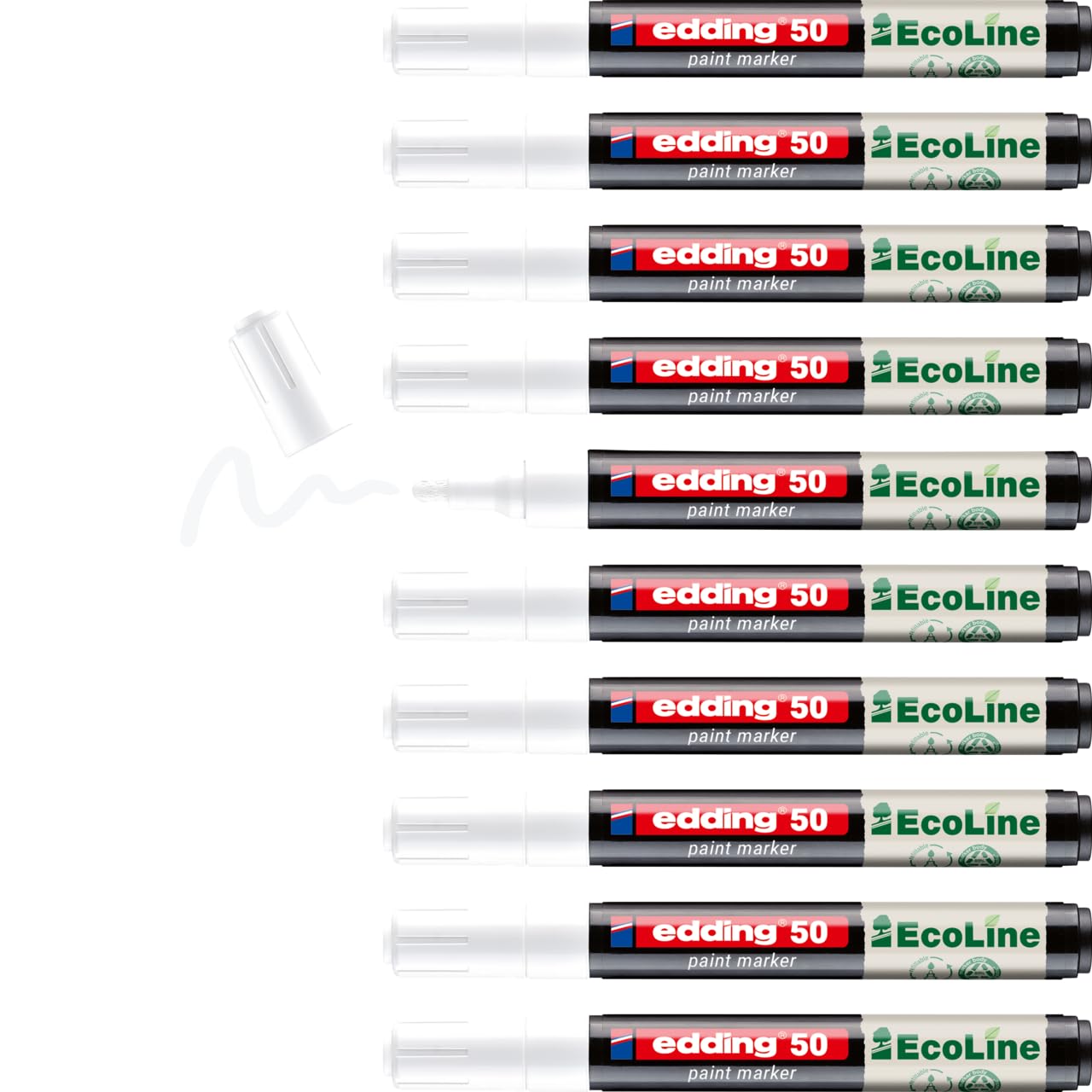 edding 50 EcoLine Lackmarker – weiß – 10 Stück – Rundspitze 2-3 mm – wasserbasierte Tinte, stark deckend & wasserfest – Lackstift für Glas, Stein, Holz, Kunststoff und Papier