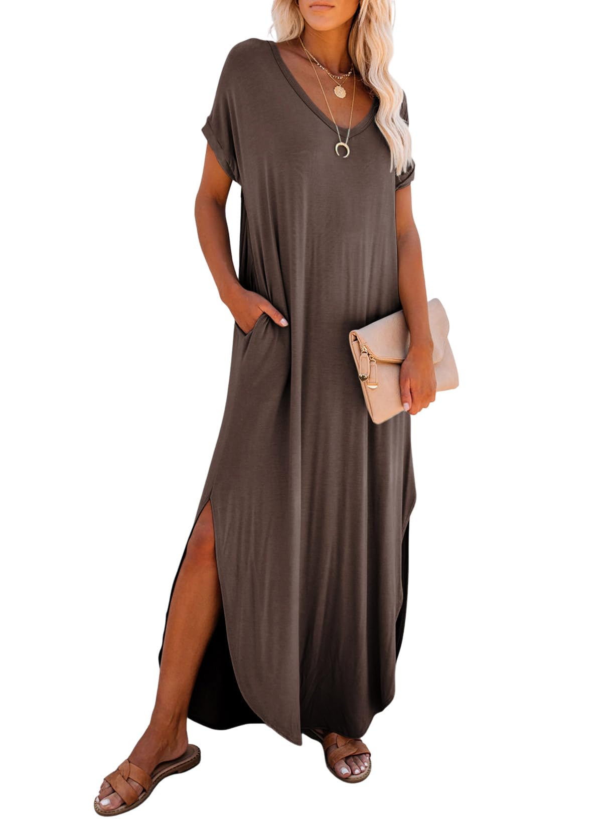 Dokotoo Summer Dresses for Women 2026 Casual Maxi Dress V Neck Cap Sleeve Long Sundress with Pockets Beach Vacation