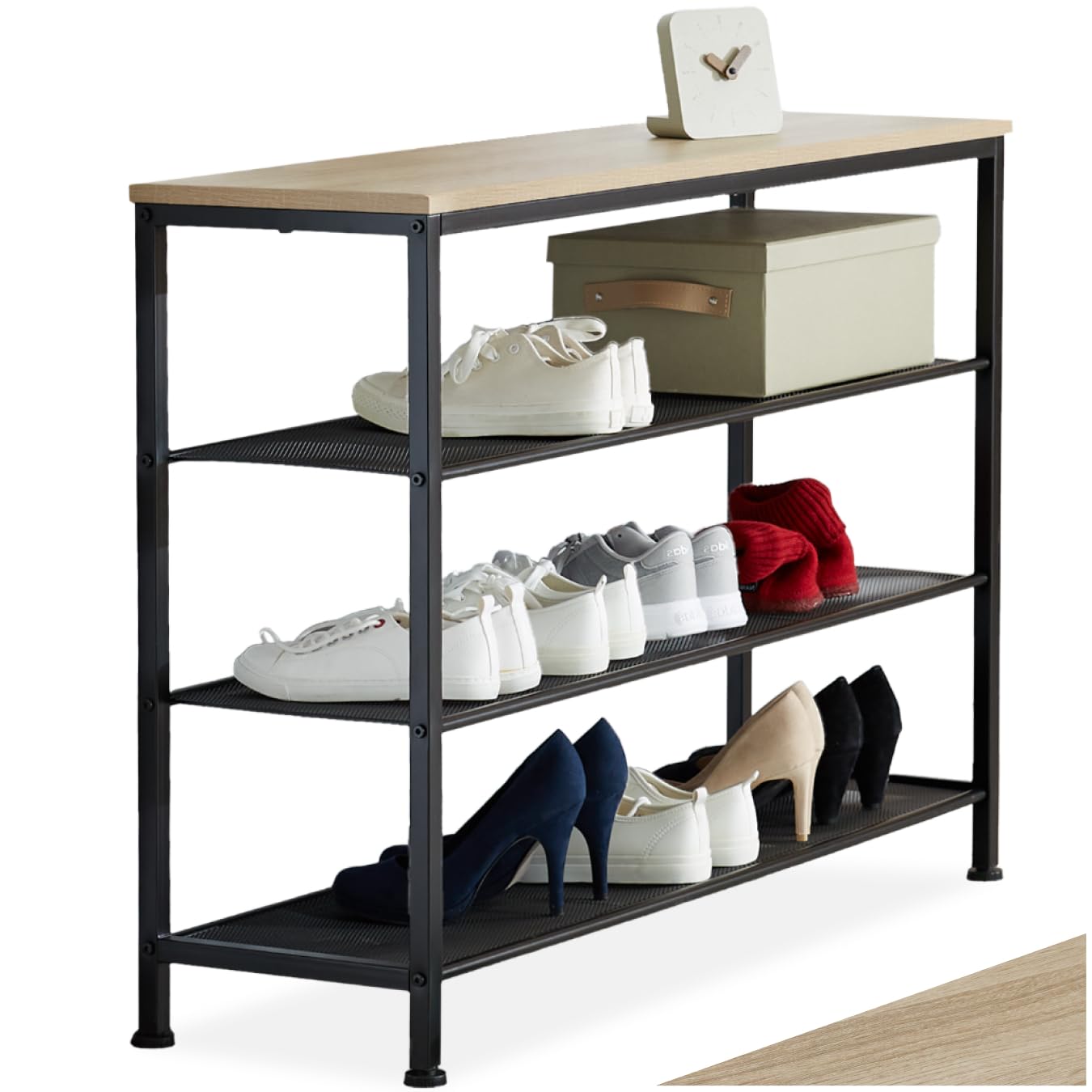 tectake Schuhregal schmal mit Ablagefläche – 4 Ebenen, 100 x 30,5 x 72,5 cm, Industrial Holz hell (Eiche Sonoma)