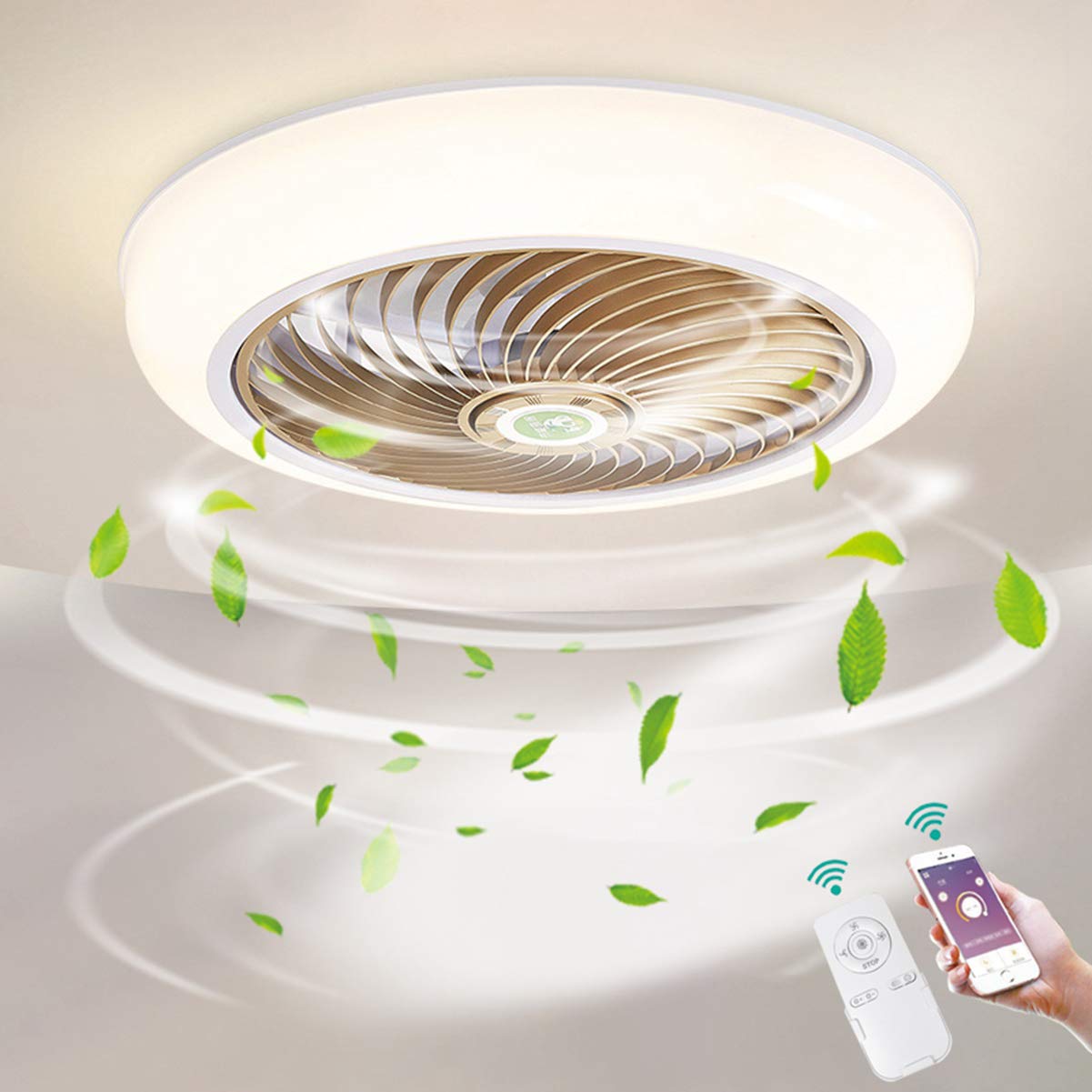 Ø46cm Dimming Ceiling Fan with Lighting LED 36W Dimmable Ceiling Lights with Remote Control and APP, Fan Light for Living Room Bedroom Office Ceiling Lamp, Acrylic Shade,Gold