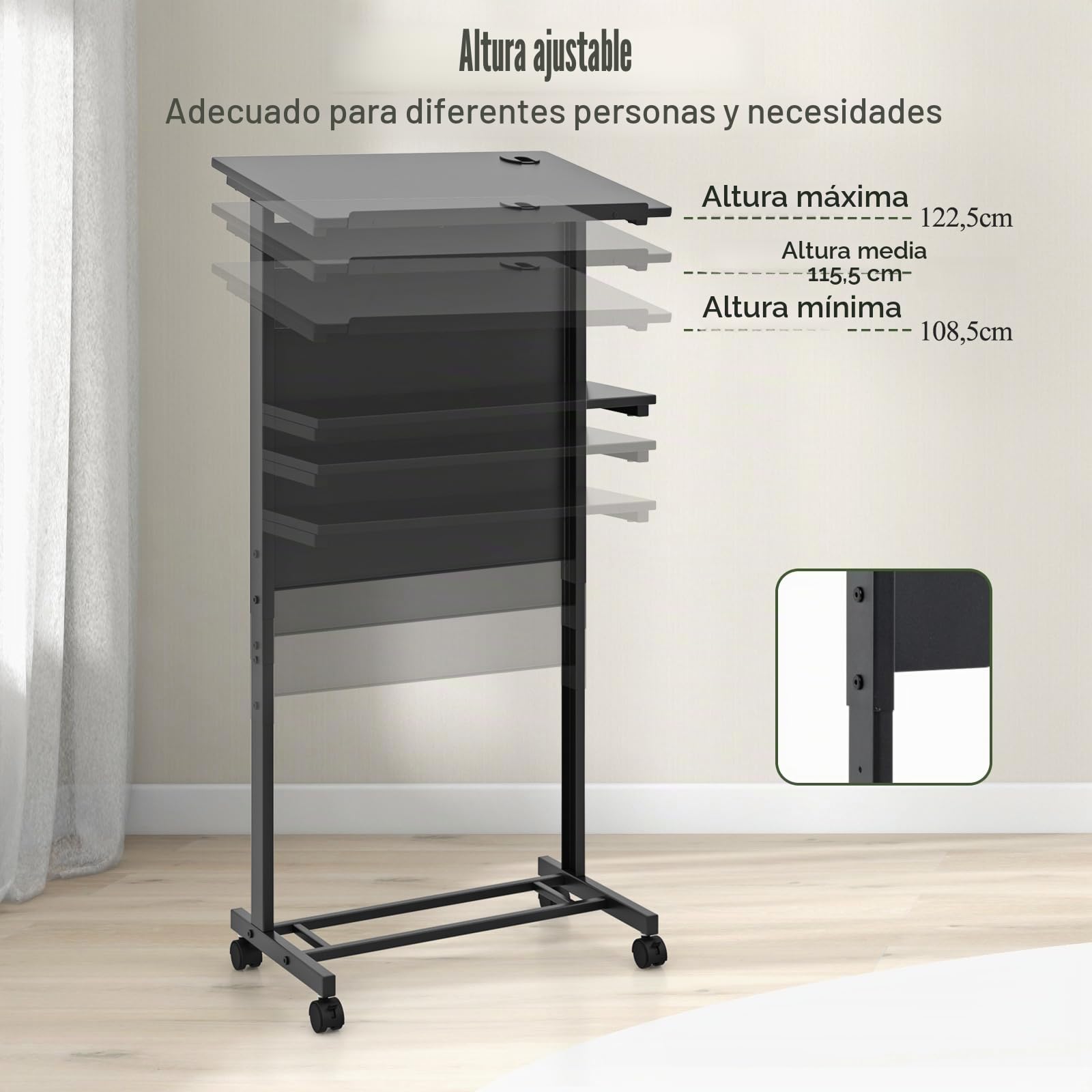 LIFEZEAL Atril, Podio de Conferencia, con 2 Estantes, 4 Ruedas, Altura Ajustable, Mesa de Presentación, para Discursos Públicos, Iglesia, Aula, 60x40x108,5-122,5cm