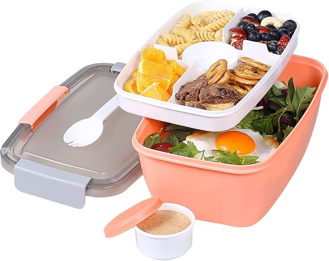 Greentainer to Go Salad Lunch Container with 68 OZ Salad Bowl, Large Bento Lunch Box with Lid, 5-Compartment Trays & Dressing Container, Stackable, Leak-Proof, BPA-Free,Microwave & Dishwasher Safe