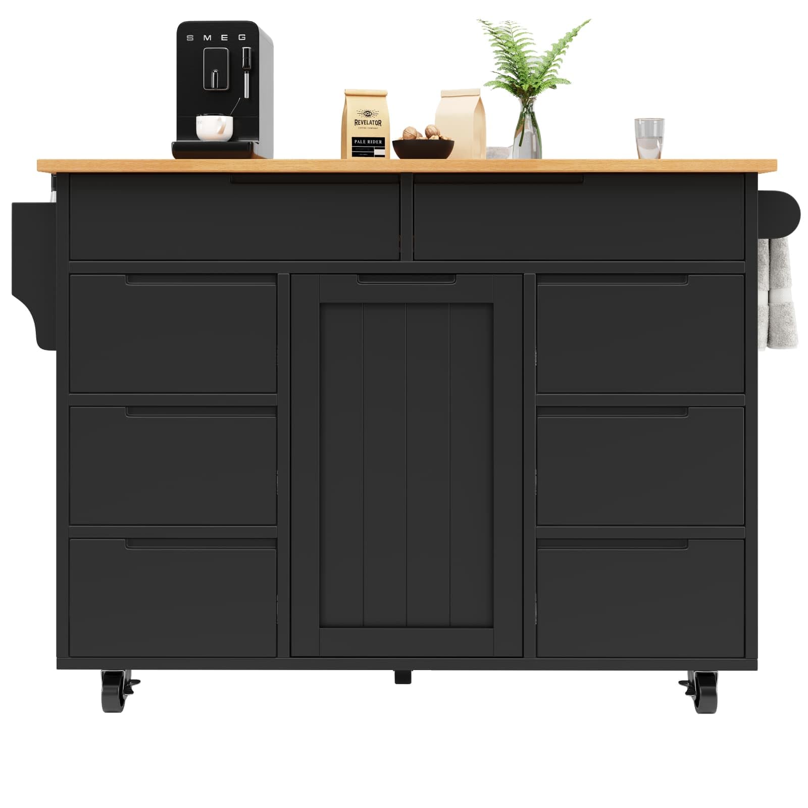 KOMHTOM ilot de Cuisine, ilot Central Cuisine, Chariot de Salle à Manger, Porte-Serviettes Latéral, Séparateurs Réglables, Plateau de Table Pliable, 2 Tiroirs, 4 Portes (Noir-7)