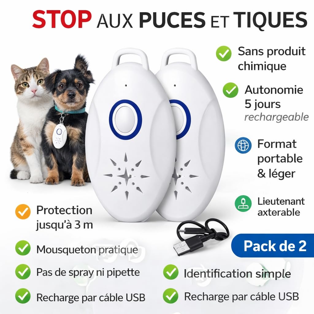 Repellente antiparassitario ad ultrasuoni portatile, ricaricabile USB, portata 3 m, senza prodotti chimici, protezione pulci zecche zanzare, animali domestici cani gatti, anti-zanzara