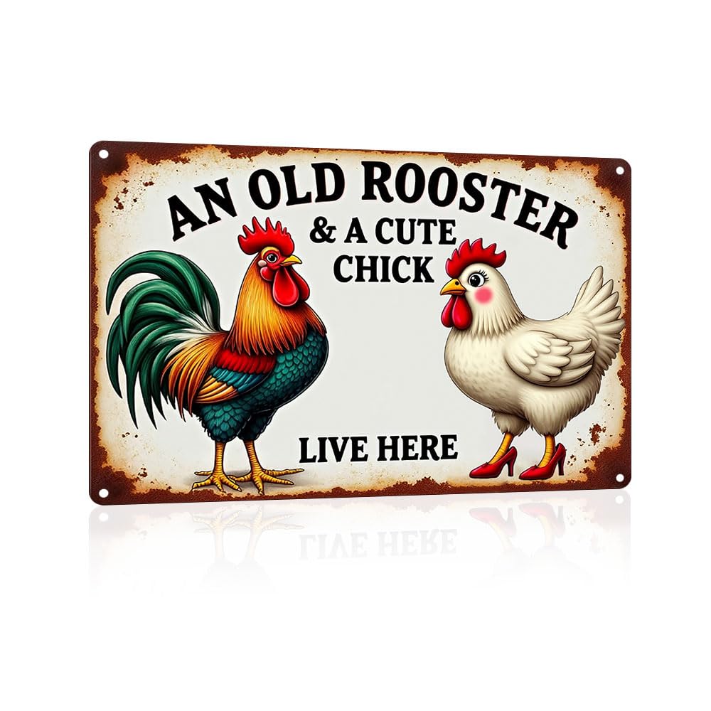 Tin 1 Rooster Décor An Old A Cute Chick Live Here Rustic Tin Sign For Home Farm Chicken Coop Decor 8X12 Inch (9713)