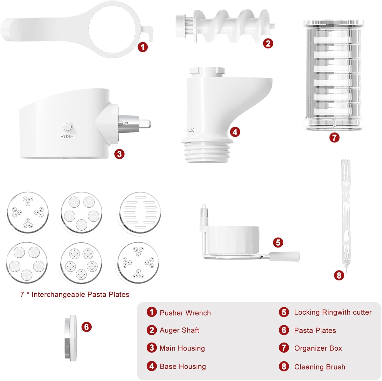 Gourmet Pasta Press Attachment for Kitchenai Stand Mixer, Pasta Maker Attachment with 7 Interchangeable Plates, Pasta Extruder Attachment for Spaghetti Bucatini Fusilli l Macaroni (Standard)