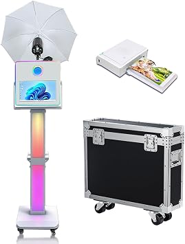 Photo Booth Machine 15.6 inch with Soft-Light Umbrella Selfie Portable Touch Screen Photobooth,Mirror Photo Booth with Flight Case for Wedding Party Events Machine+Mini Printer
