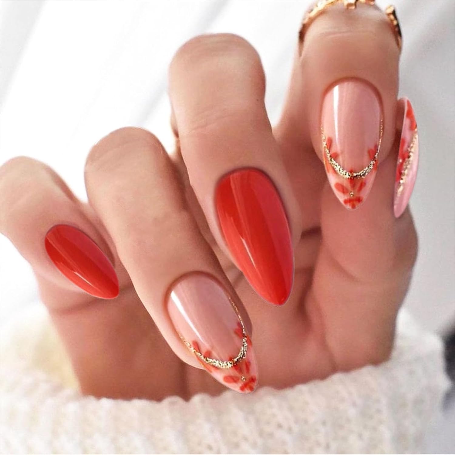 Press on Nails Medium Fake Nails - Glossy Red Almond Design