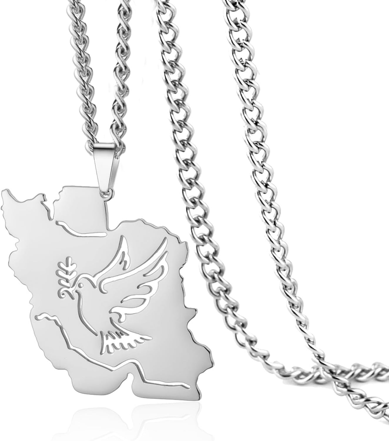 GIOFEOIK Iran Map Pendant Necklace with Dove Flag Colour CZ Stainless Steel Persian Patriotic Jewellery Gift for Women Men, Silver 1