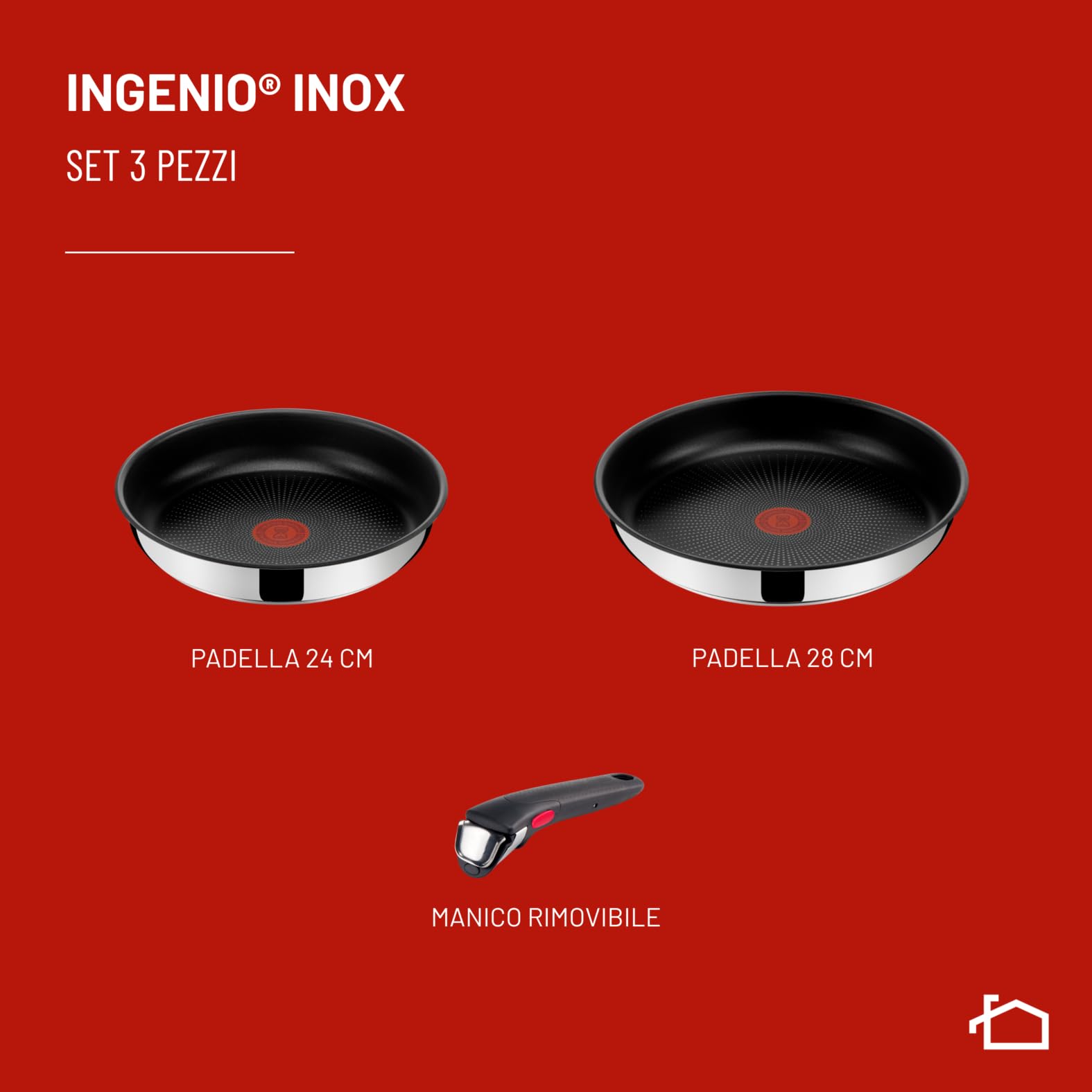 Lagostina Ingenio Inox, Set 3 Pezzi, Padelle in Acciaio Inox da 24 cm e 28 cm, Rivestimento Antiaderente, Manico Rimovibile, Salvaspazio, Adatto a Tutte le Fonti di Calore, Inclusa Induzione