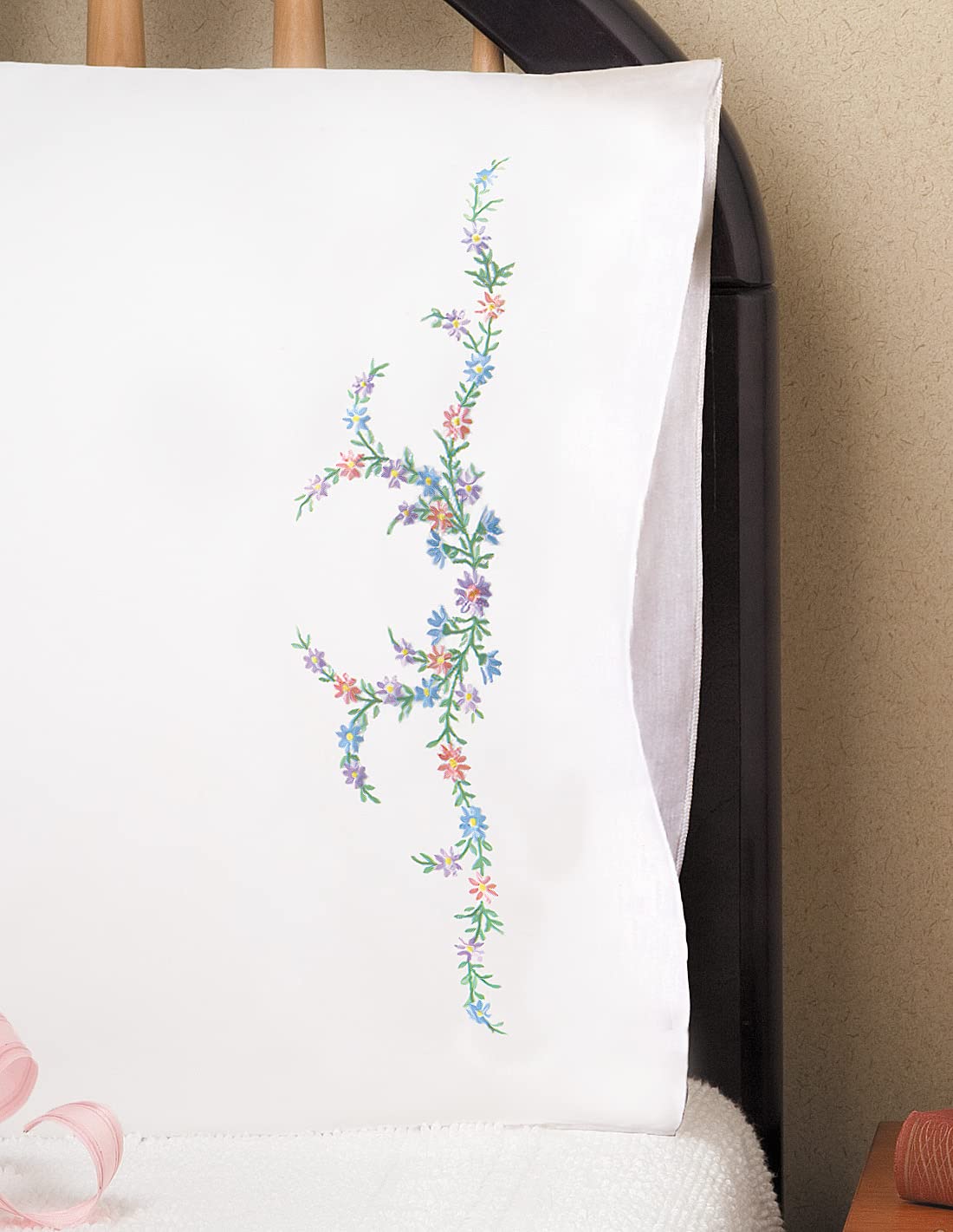 Tobin Pre-Stamped Pillowcase Pair For Embroidery - 20x30 Inch 'Reflections' Design, Washable Blue Ink - View #3