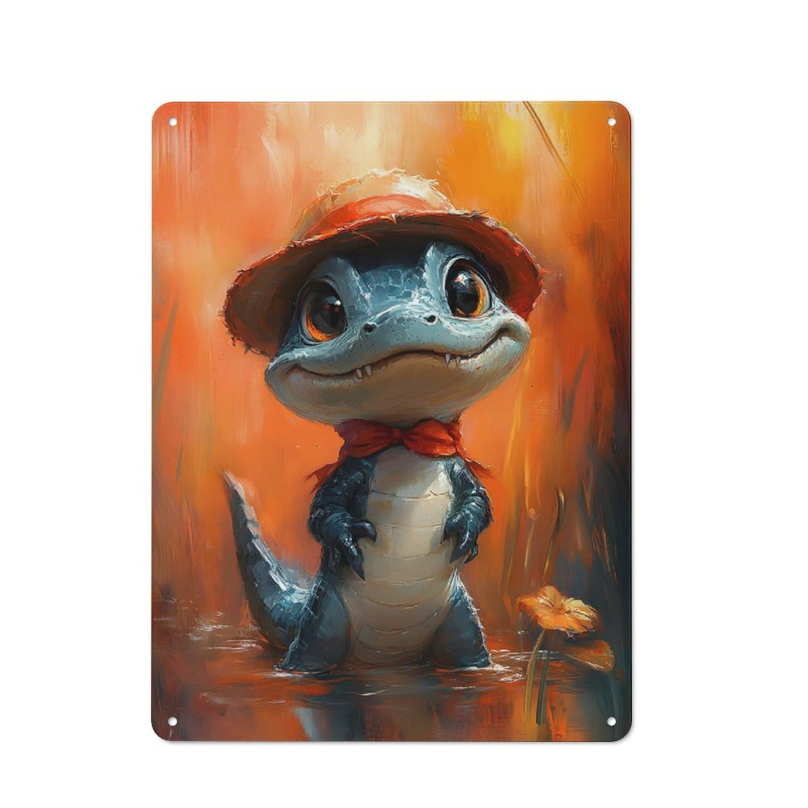 Junmoney Cute Alligator With A Hat Rustic Tin Sign 40X30cm Featuring For Bar Or Restaurant, A Housewarming Gift For Bar Decor Enthusiasts