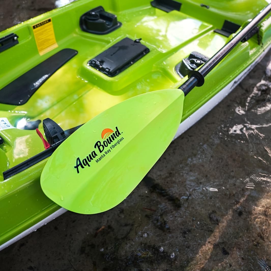 AQUA BOUND Manta Ray Fiberglass 2-Piece Snap-Button Kayak Paddle - Fiberglass Shaft, Reinforced Nylon Blades, Snap-Button Ferrule 0°/60° Feathering for Touring and Recreation