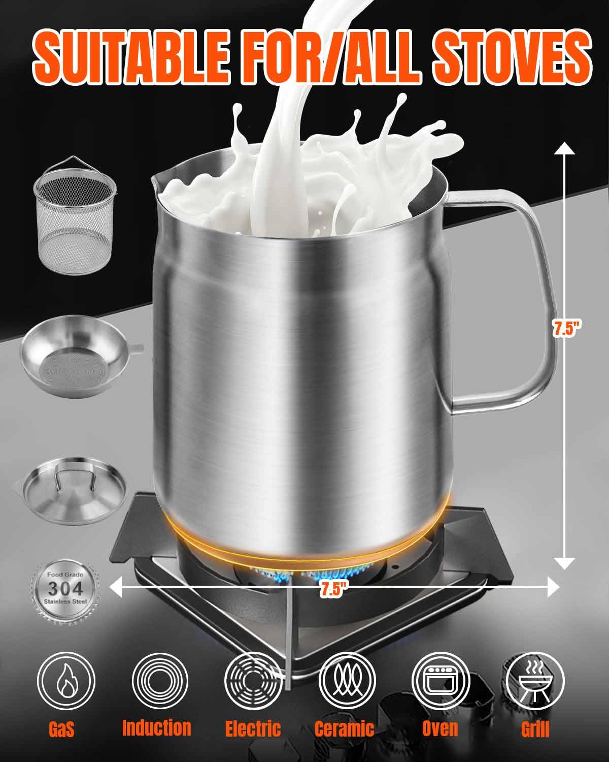 Olla de filtro de aceite de acero inoxidable 304, depósito de filtro de aceite multifuncional de 2 litros, recipiente resistente con colador y tapa, ideal para cocinar, freír y filtrar aceite,