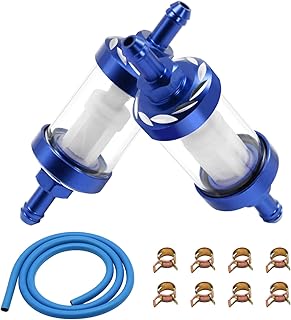 2PCS 5/16 inch Inline Fuel Filters & Fuel Line Hose with 8PCS Hose Clamps Universal Billet Aluminum Metal Glass Fuel Filter Inlet/Outlet Fuel Filter Clear View Fuel Pump Filter (Blue)