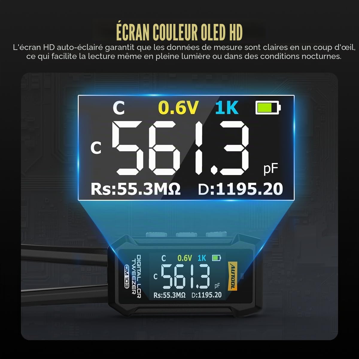 AUTOOL Pince multimètre numérique LCR, testeur CMS 6-en-1, écran OLED, rechargeable, mesure de résistance de 10 mΩ à 10 MΩ, de capacité de 1 pF à 20 mF et d'inductance de 1 µH à 60 H, pour automobile