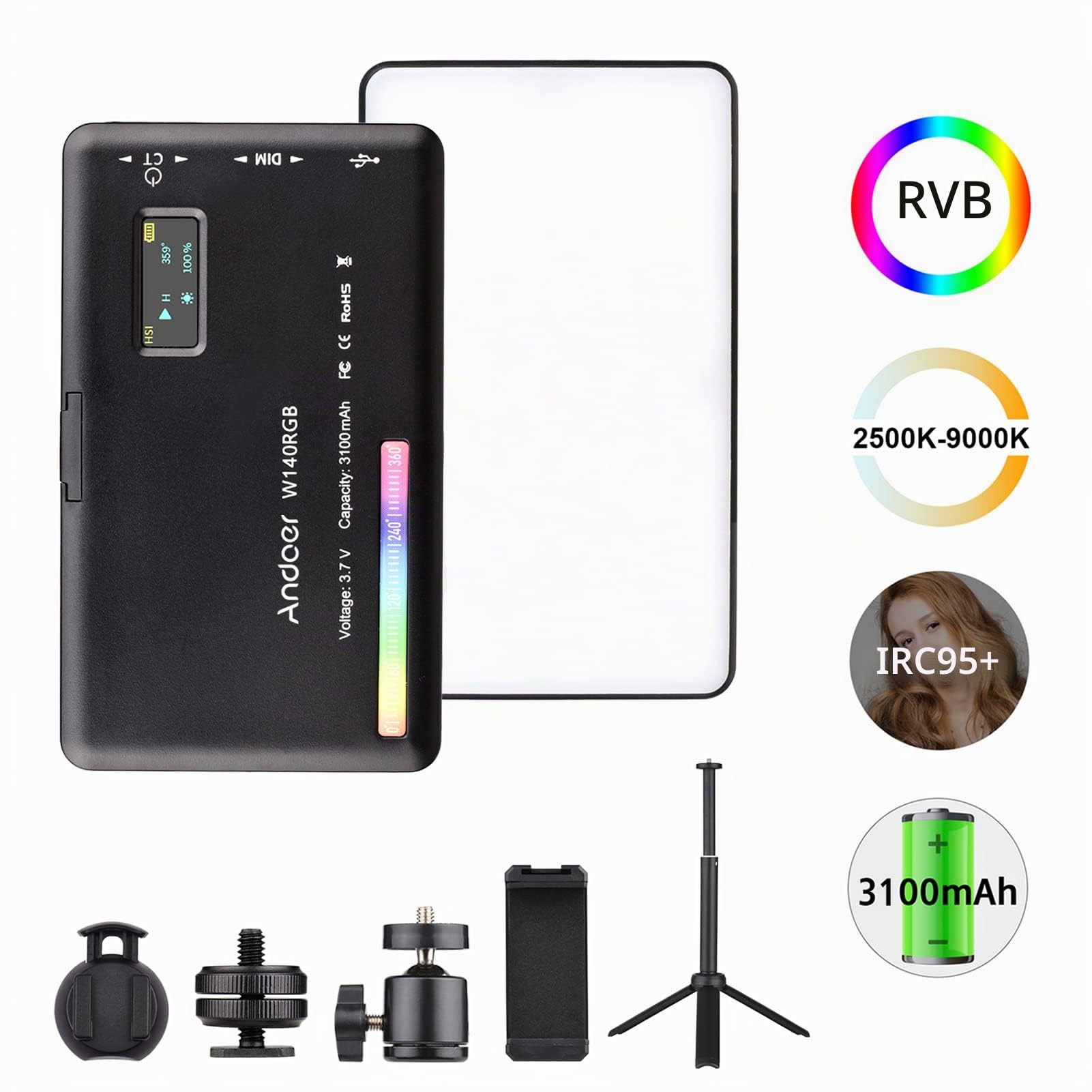 Andoer W140 Kit d'éclairage vidéo LED RVB, lumière de remplissage d'appareil photo LED pour photographie