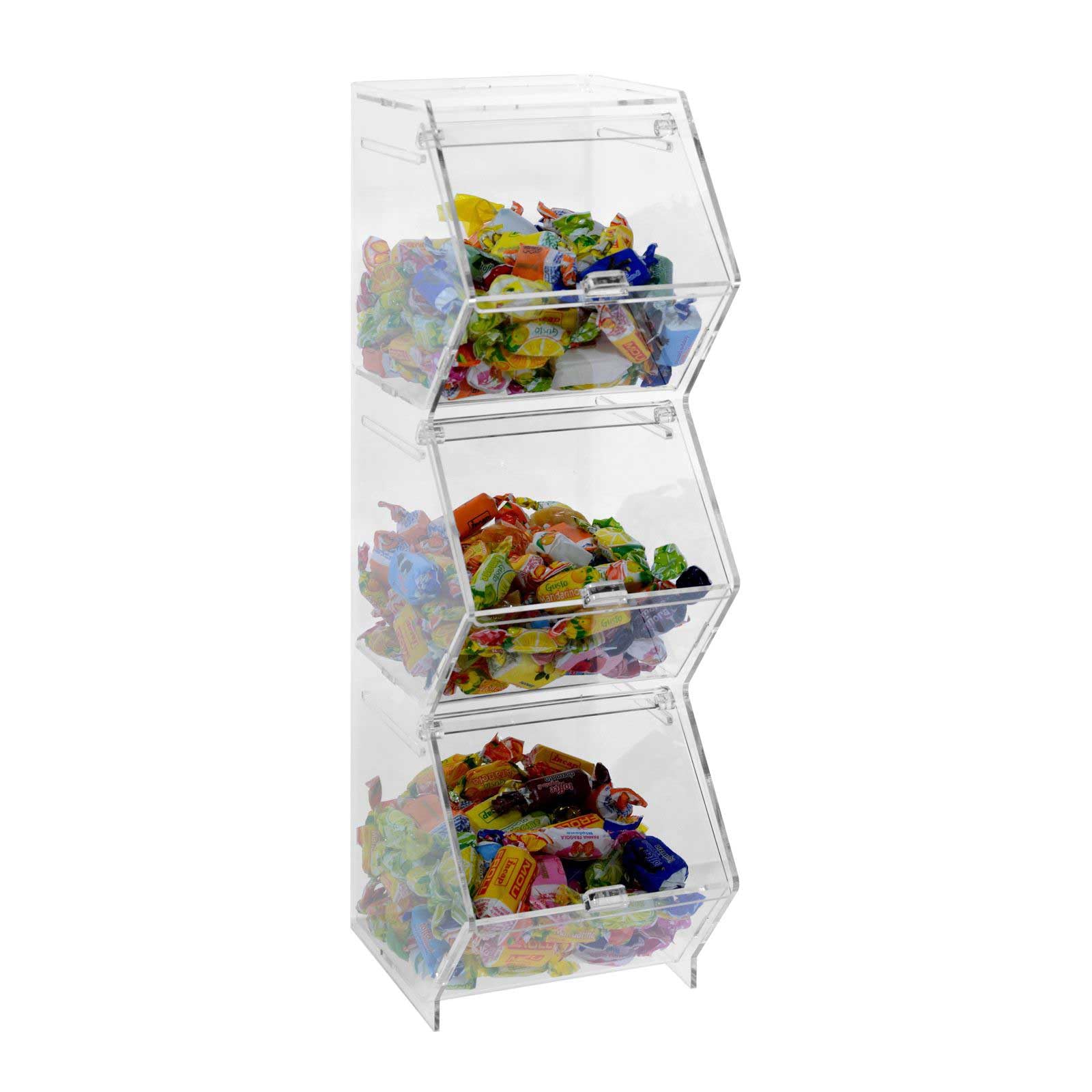 Porta caramelle confezionate da banco o da parete in plexiglass trasparente a 3 scomparti CON sportello a scomparsa - Misure totali: L 13 x P 18 x H 45 cm