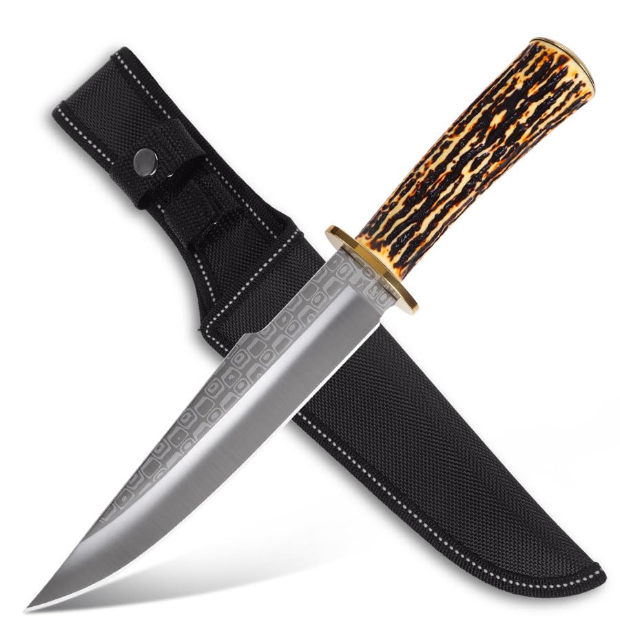 Couteau Outdoor 31cm – Lame Clip-Point Style Californien avec Texture Patinée, Garde Classique en Laiton, Poignée Imitation Corne de Cerf, Compagnon Robuste pour la Nature