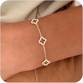 Dainty Silver Gold Bracelets for Women Trendy Non Tarnish 14K Gold Plated Cute Clover Bracelet Stackable Daisy Cubic Zirconia Diamond Charm Bracelet Stack Waterproof Jewelry Christmas Gifts