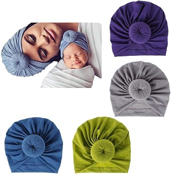 Knotted Hat Wrap Cap Prie-Tied Knot Beanie Hat Solid Color Indian Hat Turban Headwear for Women and Kids 4 Packs ...