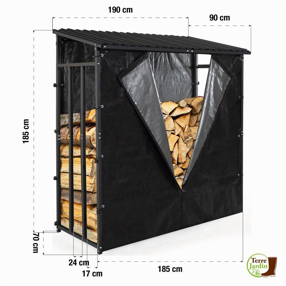 TERRE JARDIN - Range Bûches Extérieur 186 x 70 x 185 cm - Abri Bois de Chauffage avec Housse Protection - Support Bûches Extérieur en Acier Galvanisé Robuste - Résistant aux Intempéries