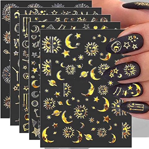 3D Mond Stern Nagelaufkleber,Holographische Nagelsticker Selbstklebend Laser Gold Nagel Kunst Aufkleber Planeten Sonne Sterne Mond Nagel Abziehbilder Nagel Kunst Dekorationen Nagel Zubehör Cover