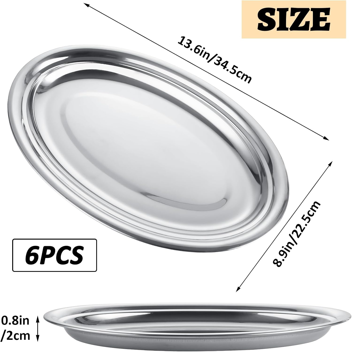 AKOLAFE 6PCS Large Serving Trays for Party Buffet Oval Serving Platter Set Stainless Steel Sizzle Platter Long & Deep Metal Sizzler Plates Decorative Silver Plates for Table Decor Food Sushi Appetizer