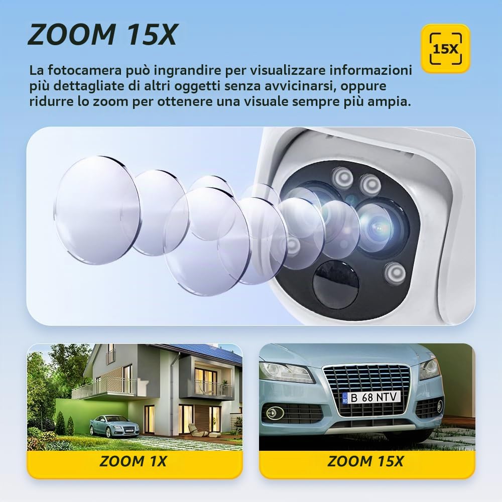 SHIWOJIA Telecamera con SIM Esterno Solar, 2K 4MP 360° PTZ 2K 4MP Telecamera di Sorveglianza con Doppio Obiettivo e Doppio Schermo,15X Zoom, Night Visione, Audio a 2 vie, Rilevamento del Movimento
