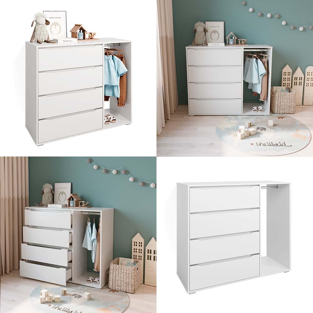 Vicco Kinderkleiderschrank Ruben, Weiß, 120 x 101.9 cm mit 4 Schubladen, geeignet zur Aufbewahrung von Kinderkleidung und Accessoires