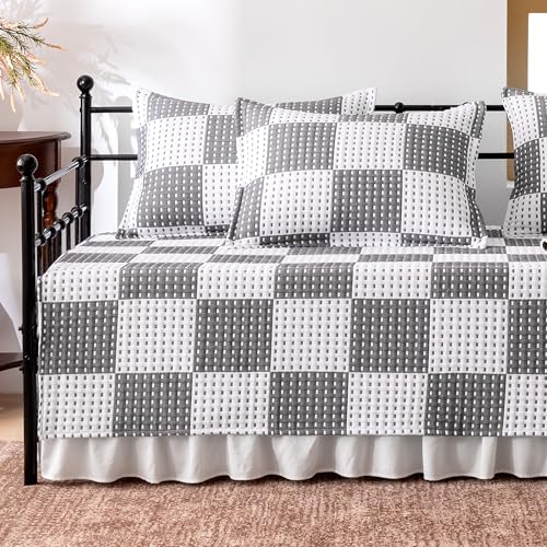 SLEEP ZONE 5 Pcs Daybed Cover Set Checkered Cotton Quilting Cozy All Season Cozy Dayebed Comforter Bedding Set with Bedskirt, Matching Shames, 75" × 39", Gray - image 1