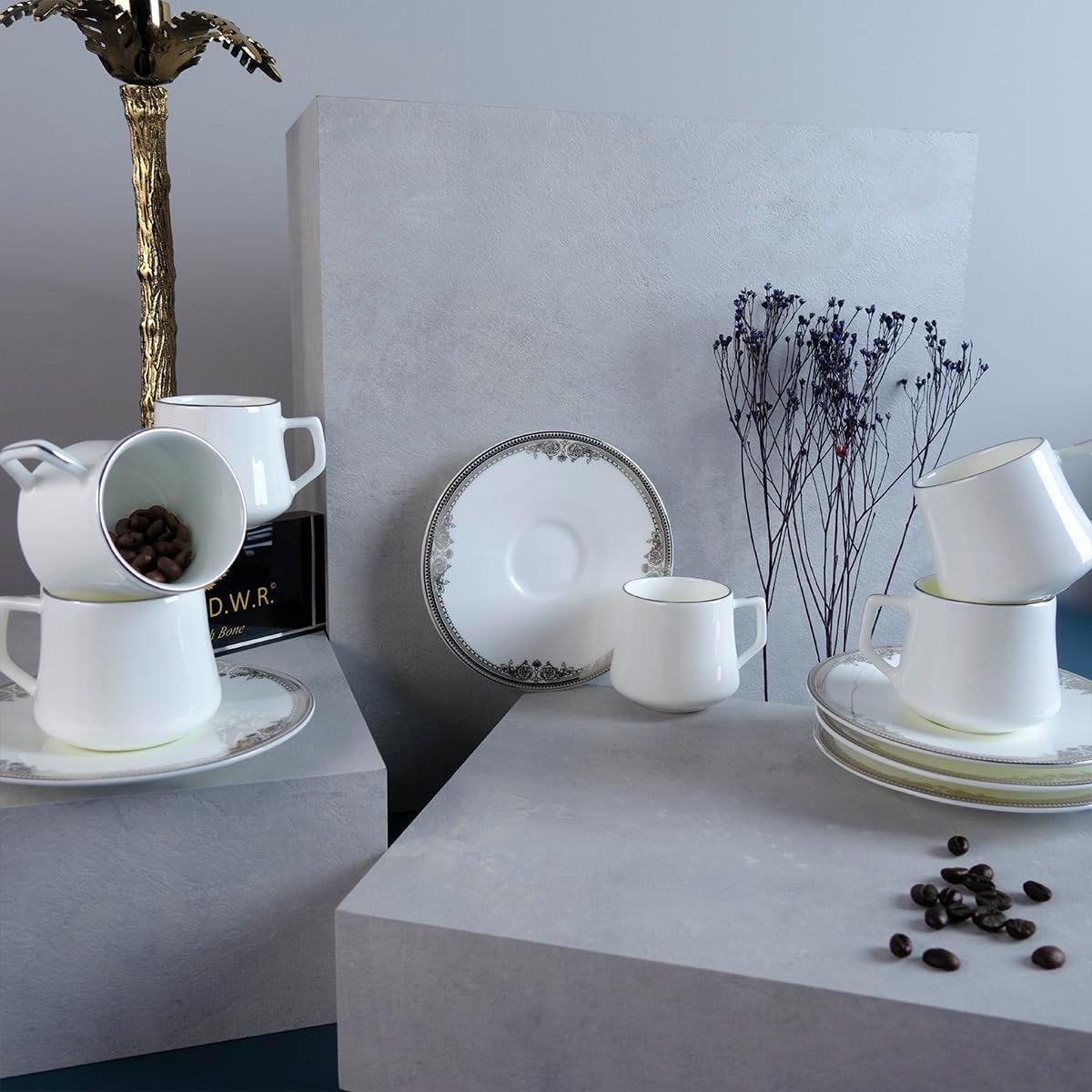 EVALIZA Versailles Platin 6 Kişilik Beyaz Porselen Kahve Fincan Takımı 80 ml