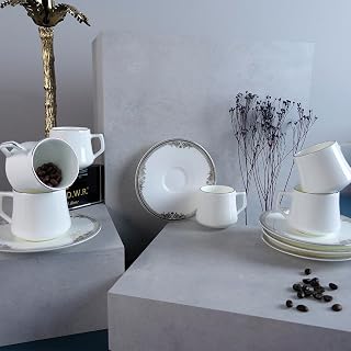 EVALIZA Versailles Platin 6 Kişilik Beyaz Porselen Kahve Fincan Takımı 80 ml