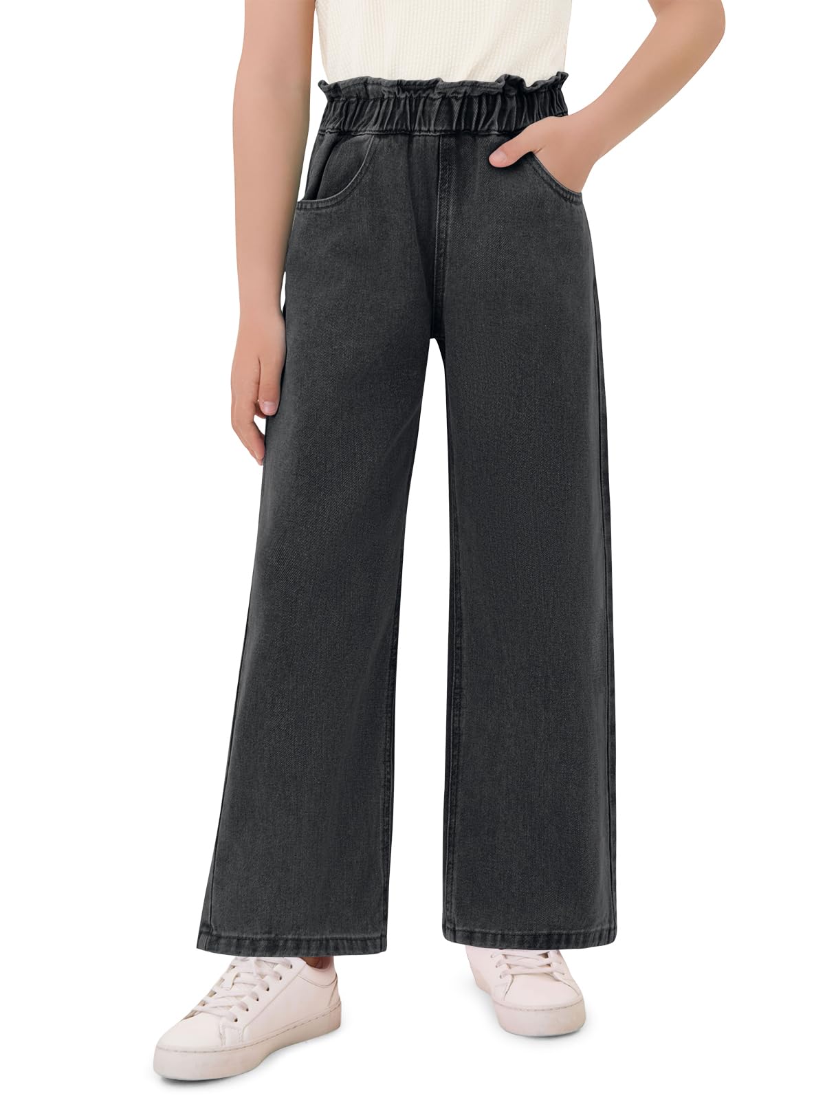 Haloumoning Lindos jeans acampanados de pierna ancha para niñas, pantalones de gran tamaño con cintura elástica y bolsillos de 5 a 14 años