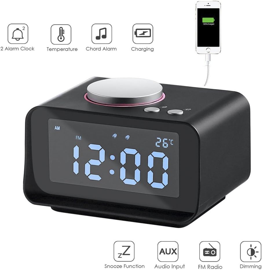 iado Alarm Clock, Dual Alarm Clock Multi-function with Speaker/Dual USB Charger/FM Radio/Indoor Thermometer/Snooze Function Alarm Clock for Heavy Sleepers (Black)