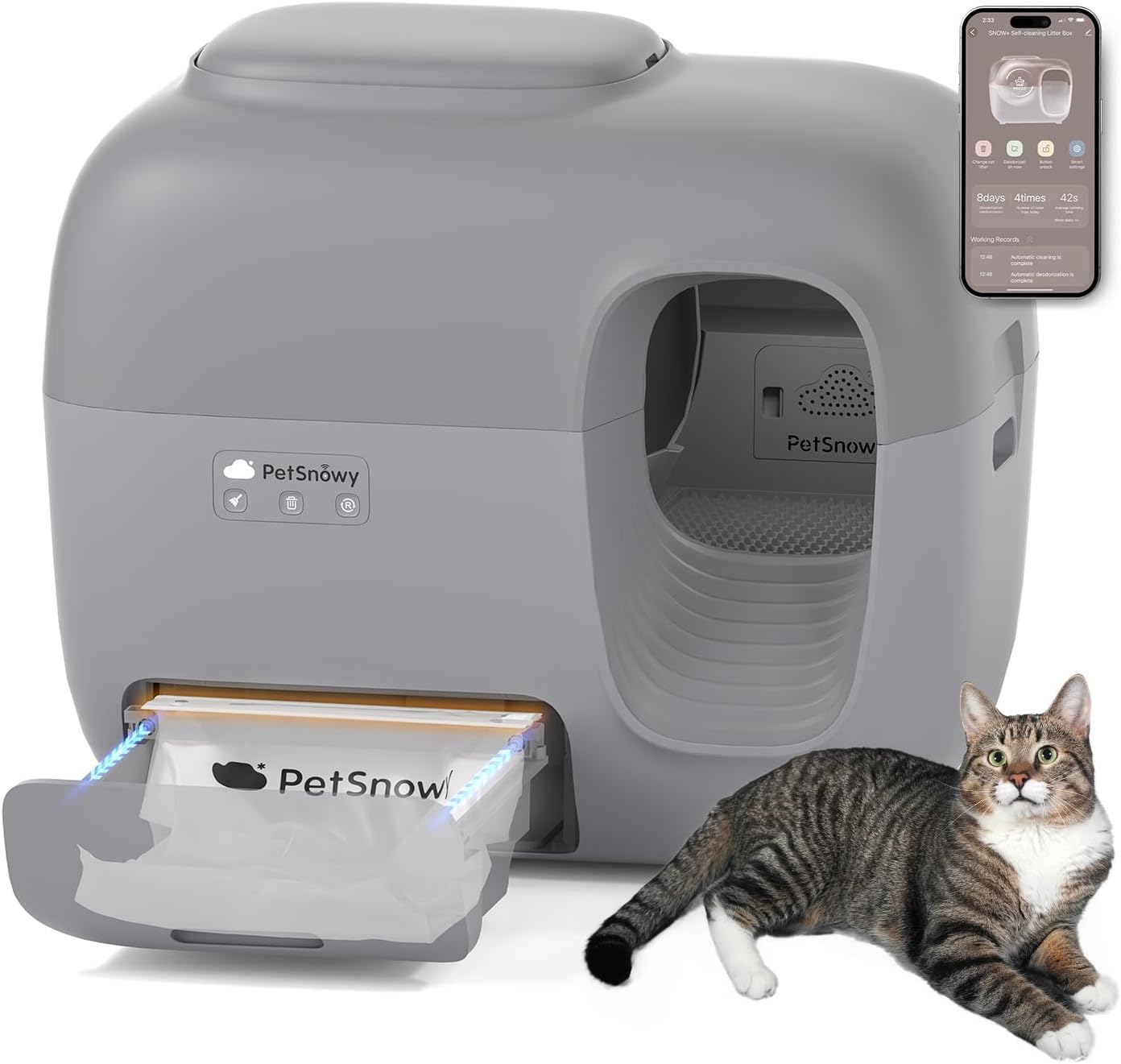 Self-Cleaning Automatic Cat Litter Box with Odor Control TiO2 System, Robot Litter Box with Auto-Packing, App Control, Large Cats & Multiple Cats (2025 Premium Version) Grey