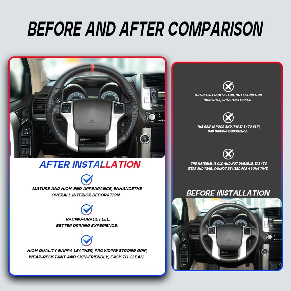 Full Leather Steering Wheel, D-Shaped Flat Bottom Perforated Leather Grip Car Steering Wheel Fit for Toyota 4Runner 2010-2024/Tundra 2014-2021/Tacoma 2012-2023