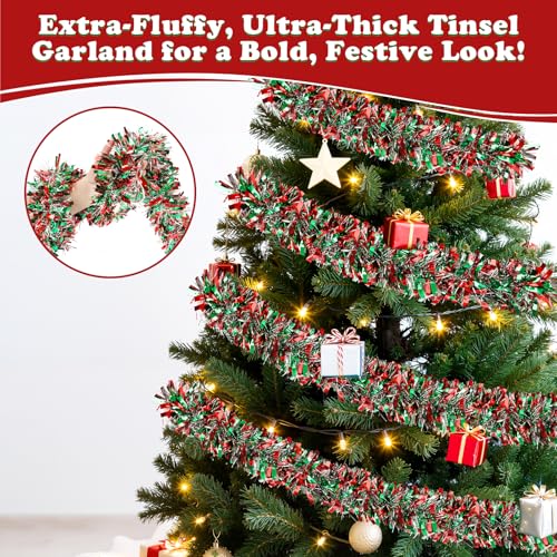 Image of 50FT Christmas Tinsel Garland, Red Green&Silver Metallic Twist Shiny Hanging Garland Ornaments for Christmas Tree, Party Supplies Thick Metallic Xmas Streamers