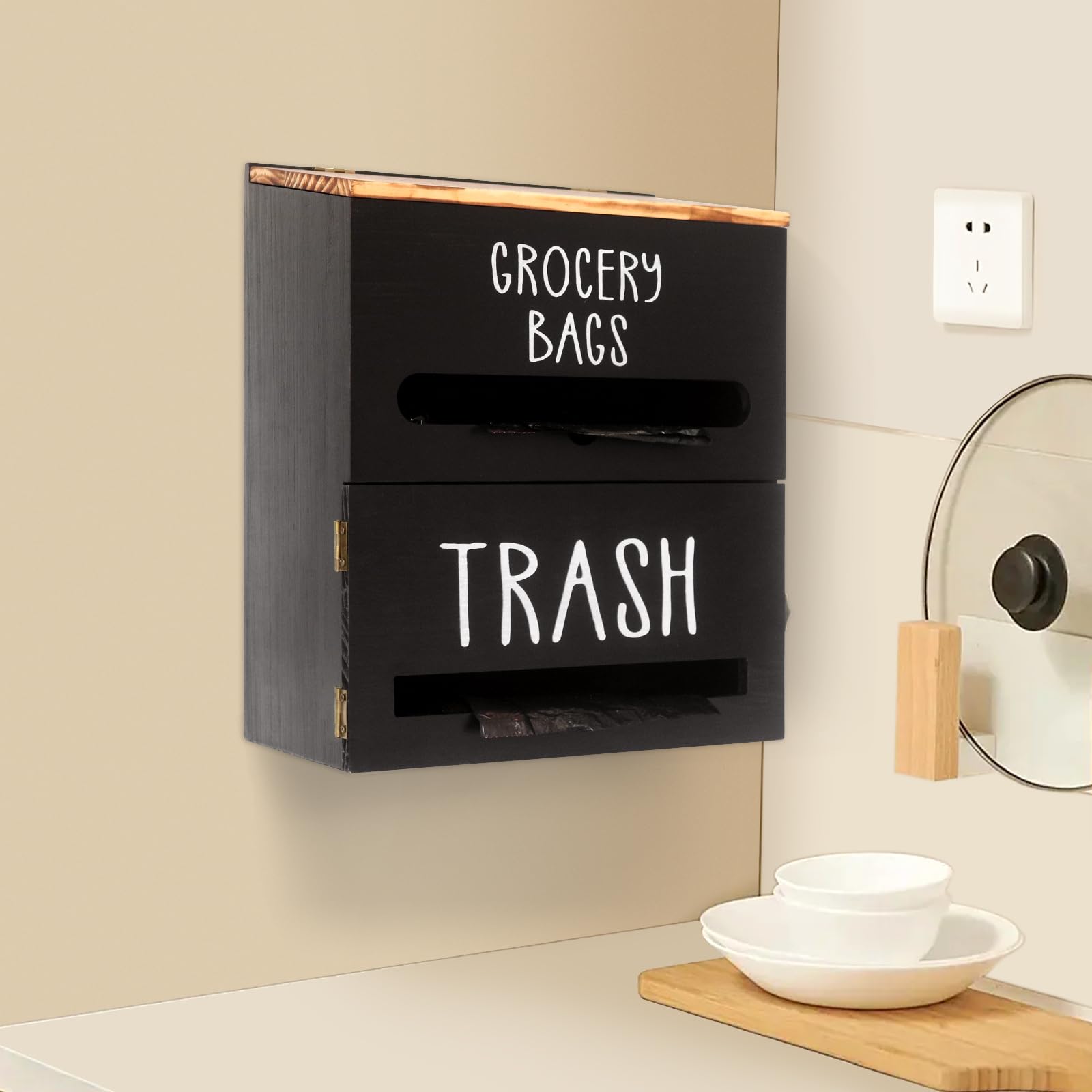 Dispensador de bolsas de basura 2 en 1, doble pared, soporte de madera para bolsas de basura, utilizado en cocina, garaje, lavandería, puede almacenar bolsas de alimentos y bolsas de basura