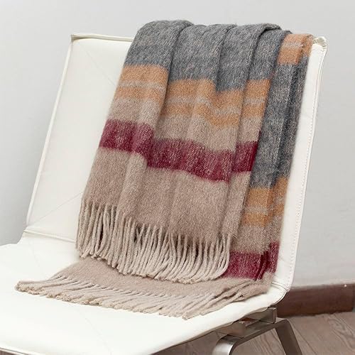 Manta de lana de alpaca con diseño Cherokee para cama, sofá, suave y cálida, manta de lana de alpaca peruana, 72 x 60 pulgadas (BeigeGrisAzulSuave