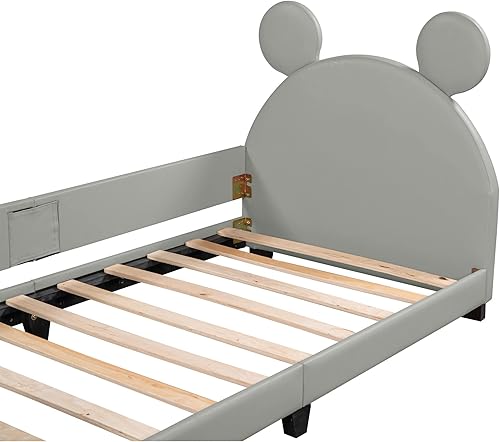 Miniatura 7 de Marco de sofá cama tamaño individual tapizado con cabecera en forma de orejas de cartón marco de madera con soporte de listones plataforma de piel
