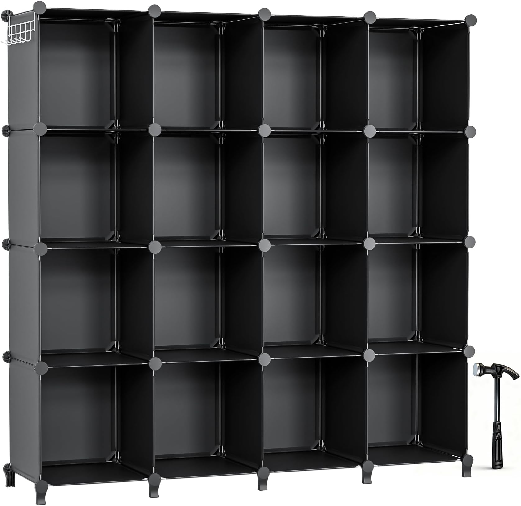 Neprock 16 Cubby Storage Organizer, Closet Clothes Storage Organizer, Cube Shelves Closet Organizers and Storage Shelves for Clothing Storage with Hammer, Bookshelf for Kids（Black）
