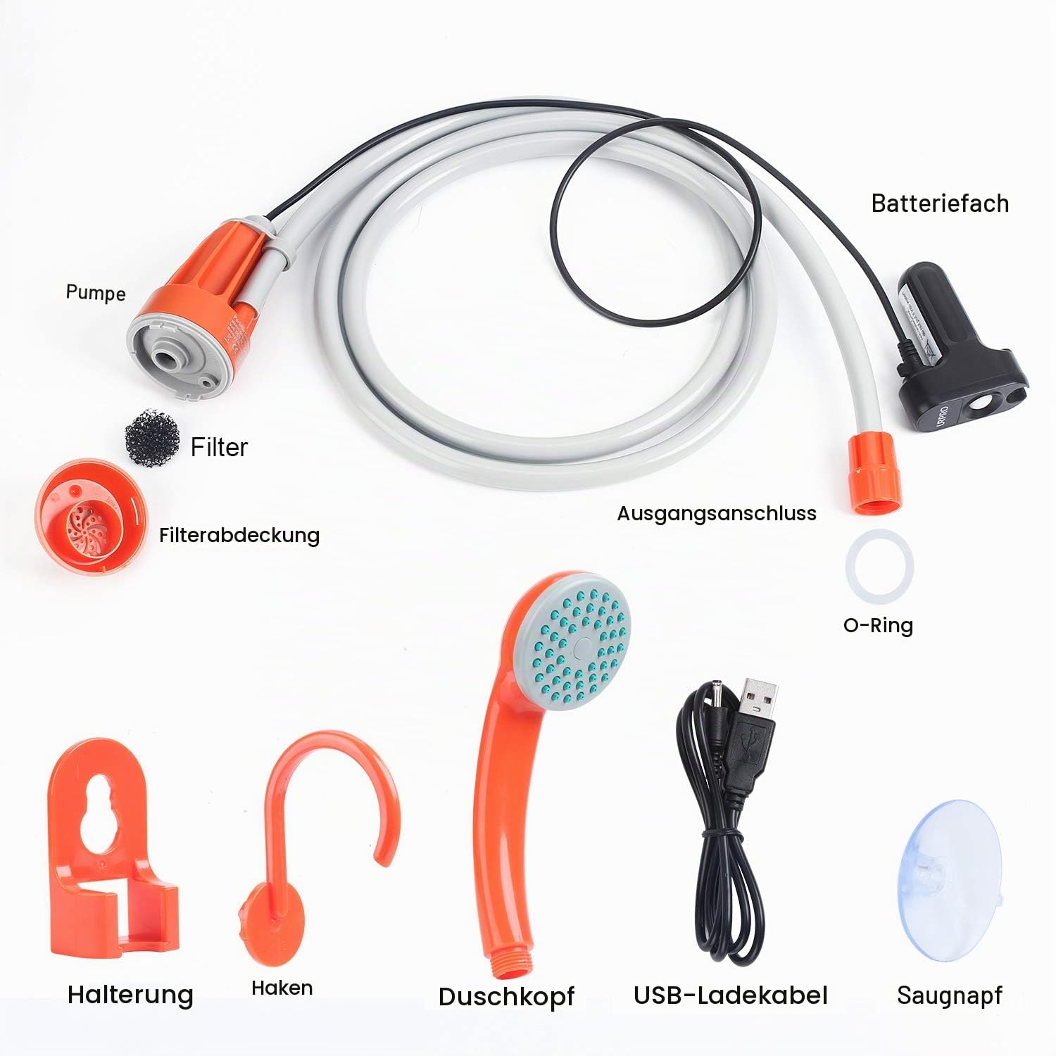 tragbarer Camping-Duschkopf im Freien, Duschpumpe, abnehmbare USB-Akkus, Pumpen Wasser aus dem Eimer, für Camping, Wandern, Haustierreinigung, Haustierdusche, Autowaschen