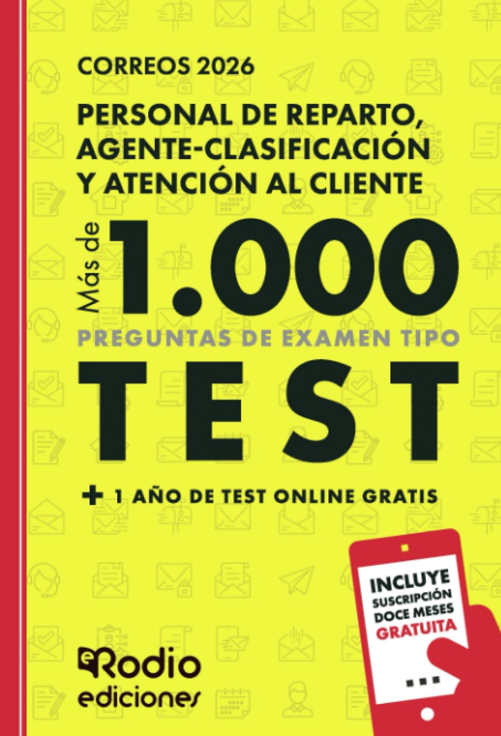 Correos 2026. MÁS DE MIL PREGUNTAS de examen tipo test + 1 año de test online gratis. Personal de Reparto, Agente-Clasificación y Atención al Cliente.